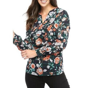 TOMMY HILFIGER Womens Green Floral Long Sleeve V Neck Top L